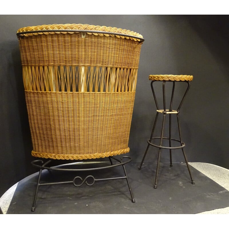 Vintage wooden bar furniture with stool, France 1960s