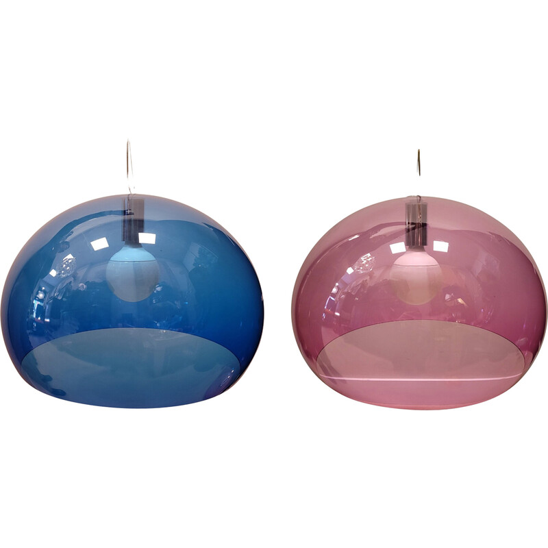 Pair of vintage pendant lamps model Fl/Y in blue and pink by Ferruccio Laviani for Kartell, Italy 1980-1990s