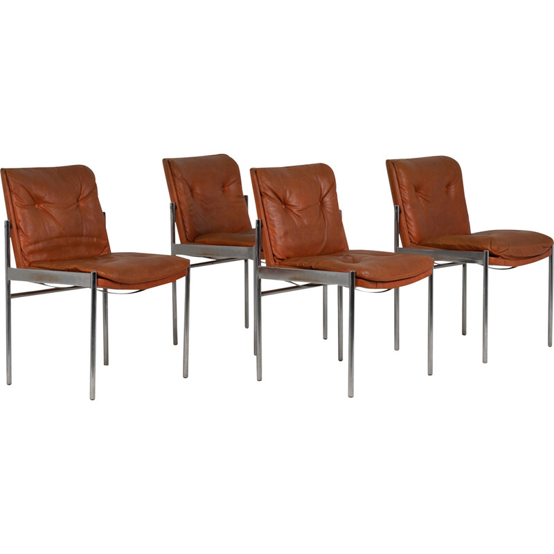 Set of 12 vintage chairs in imitation leather and chrome metal, Italy 1970