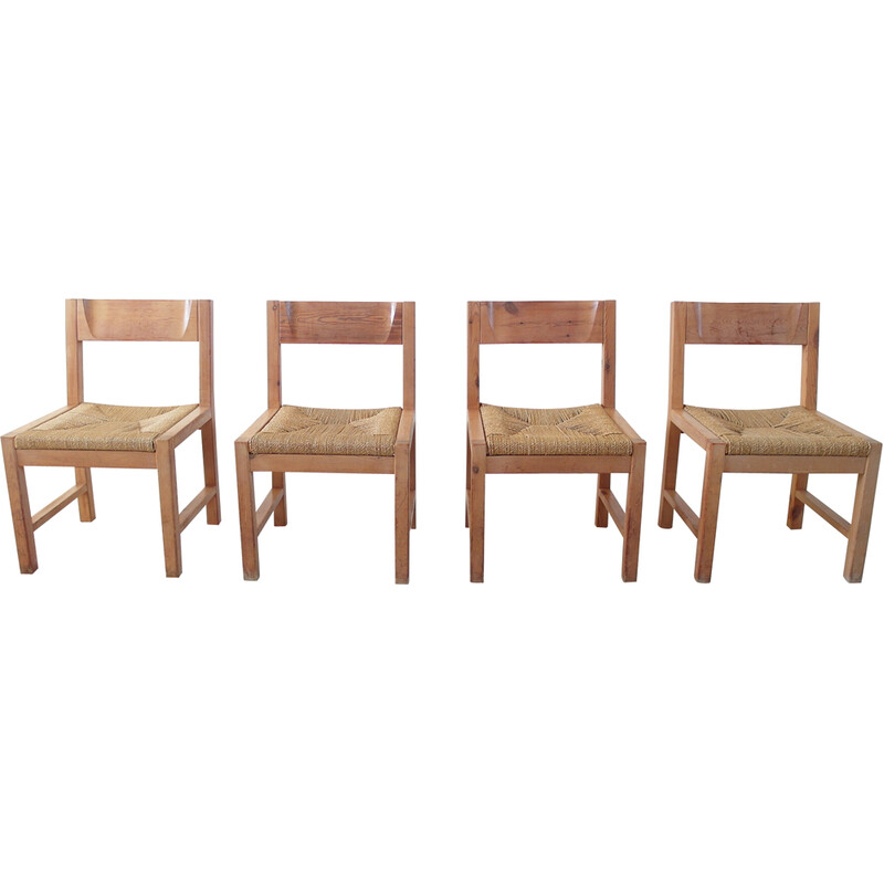 Set of 4 vintage solid pine dining chairs by Tage Poulsen for Gramrode Mobler, Denmark 1974