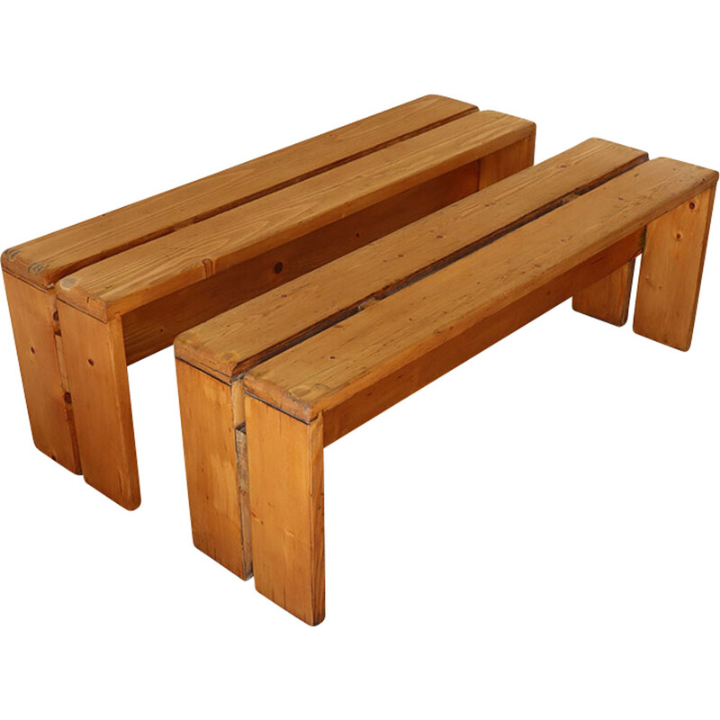 Pair of vintage pine benches, selected by Charlotte Perriand for Les Arcs, 1960