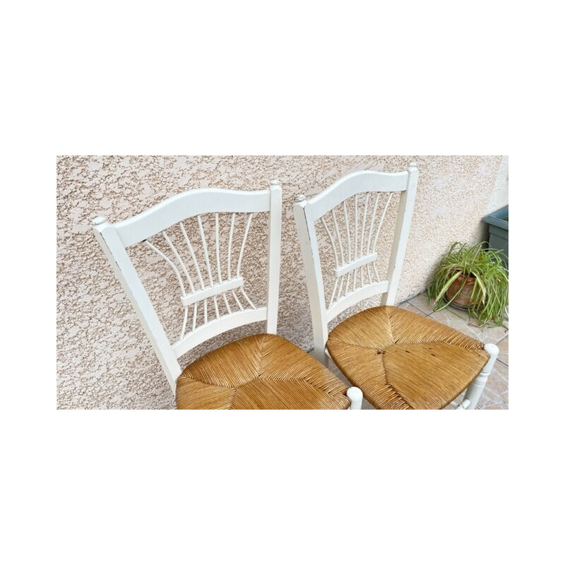 Paire de chaises vintage paillées blanches en bois, 1980