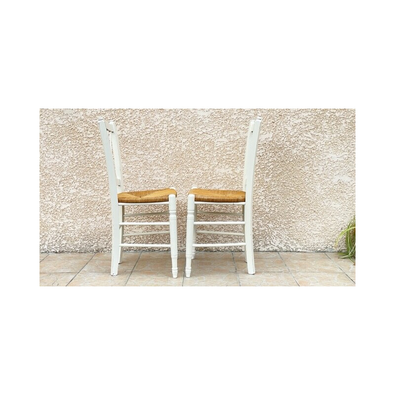 Paire de chaises vintage paillées blanches en bois, 1980