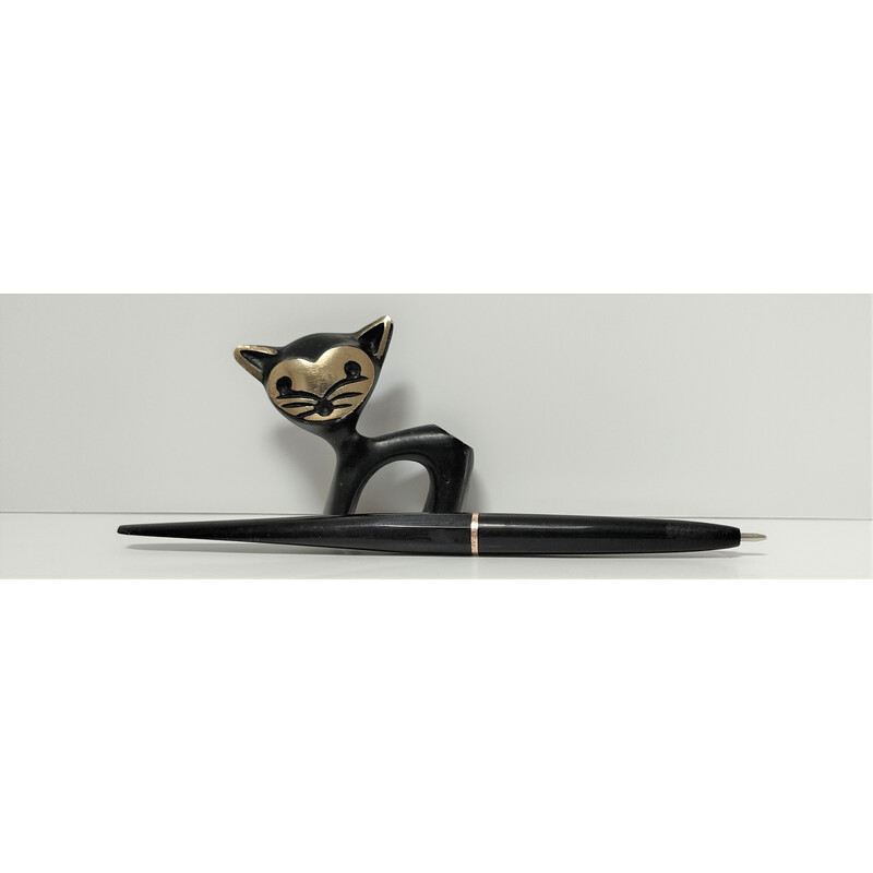Vintage zoomorphic cat pen holder in bronze with black patina, 1970