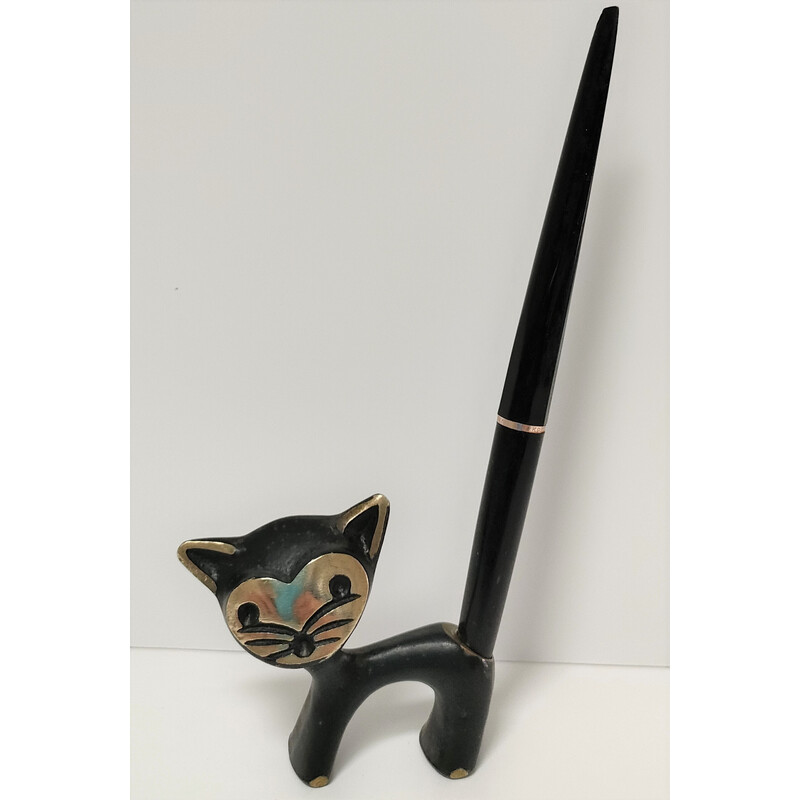Vintage zoomorphic cat pen holder in bronze with black patina, 1970