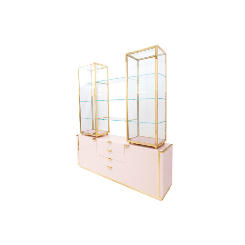 Hollywood Regency pink display case with brass details - 1970s