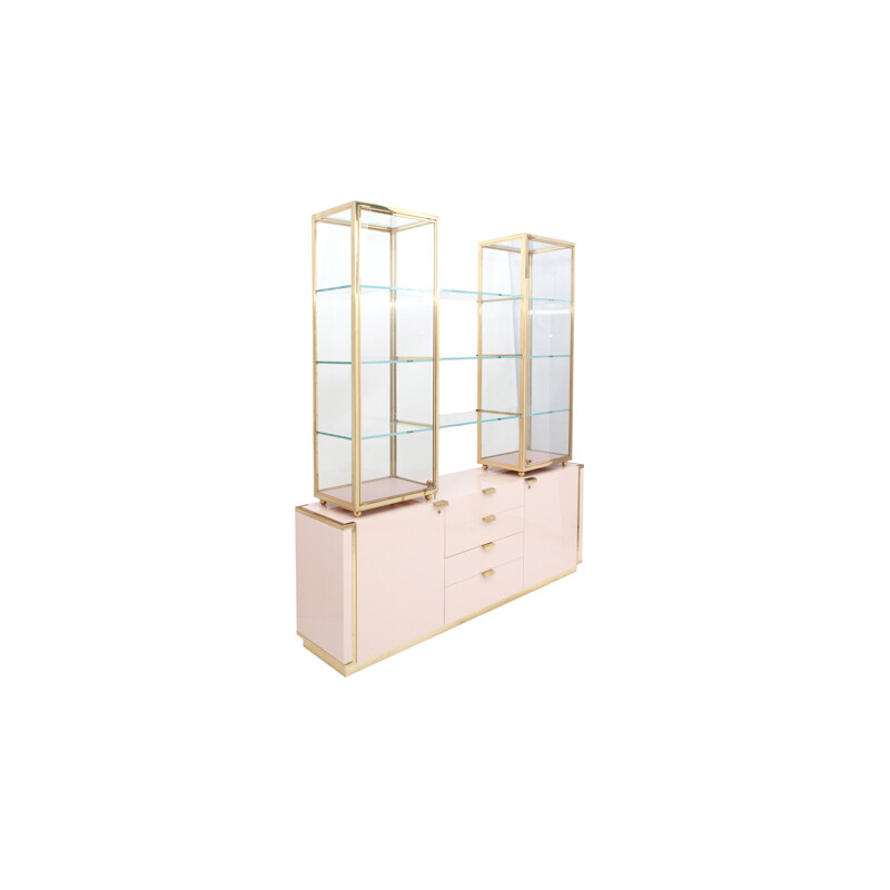 Hollywood Regency pink display case with brass details - 1970s