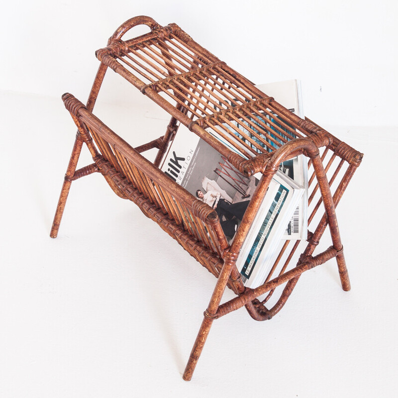 Vintage magazine rack in rattan, France 1960