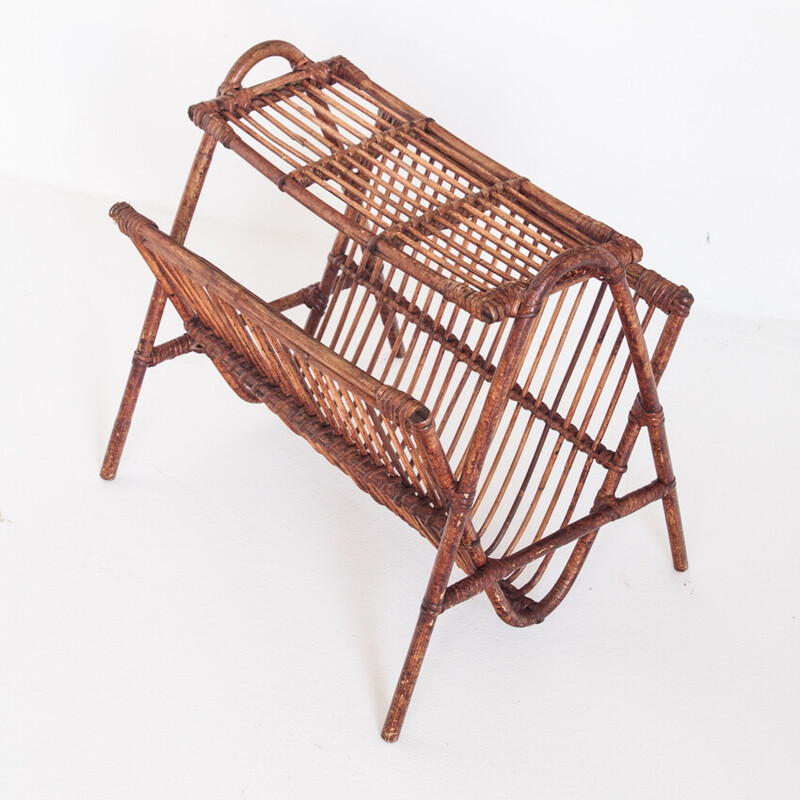 Vintage magazine rack in rattan, France 1960