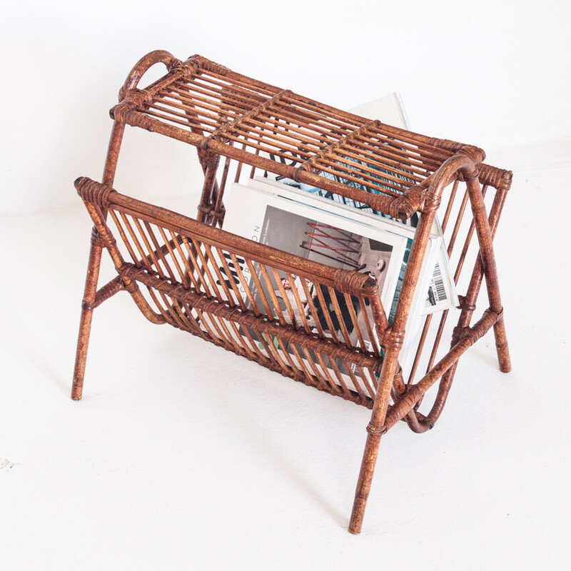 Vintage magazine rack in rattan, France 1960