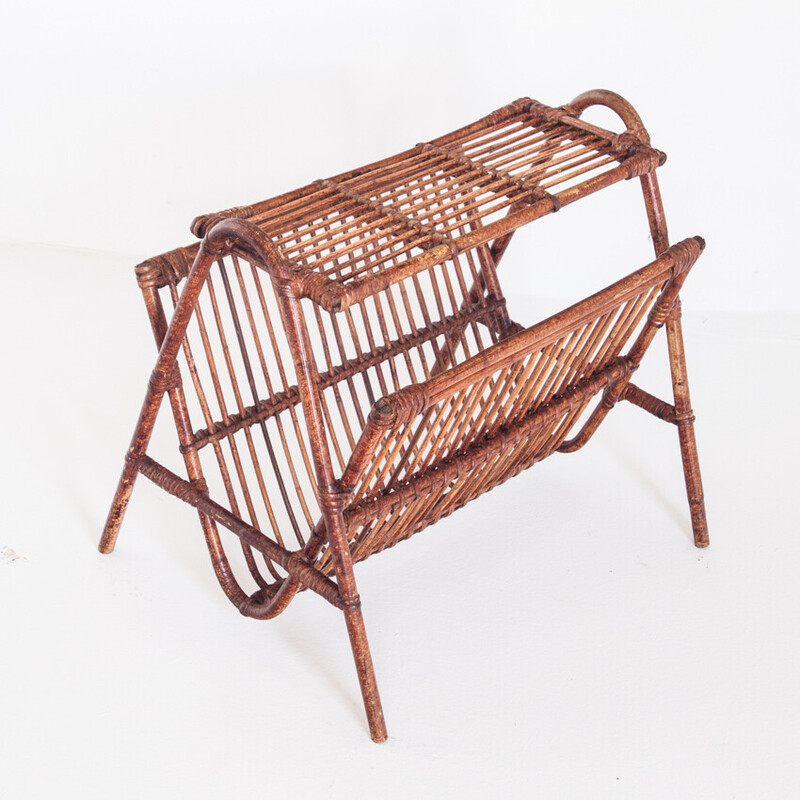 Vintage magazine rack in rattan, France 1960