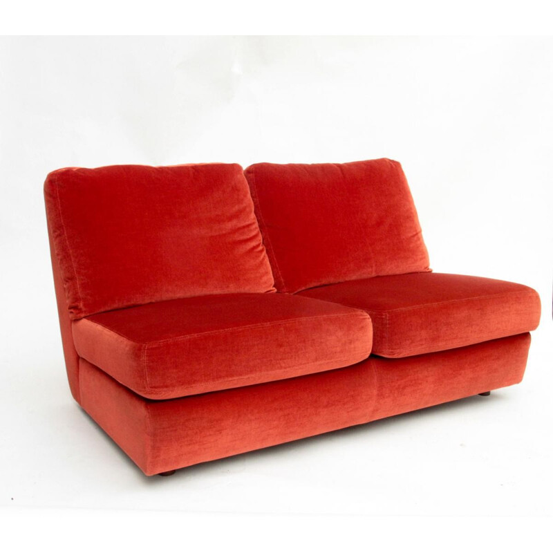 Set of a  red sofa and a red low chair in velvet produced by Burov - 1960s