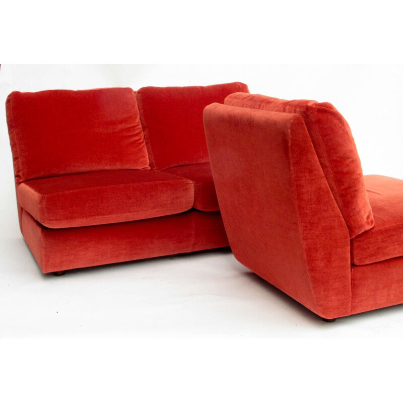 Set of a  red sofa and a red low chair in velvet produced by Burov - 1960s