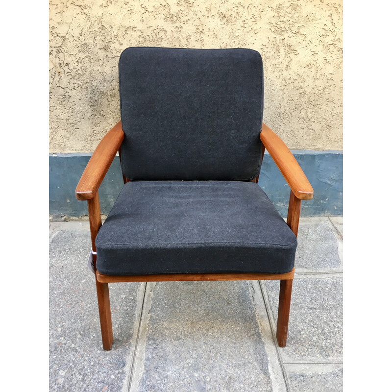 Danish treak armchair reupholstered cushions in grey-black cotton - 1960s