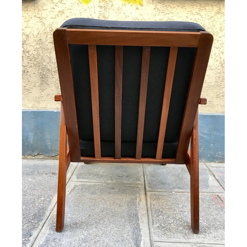 Danish treak armchair reupholstered cushions in grey-black cotton - 1960s