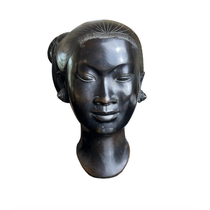 Vintage hoofd van Vietnamese jonge vrouw bronzen beeld van Nguyen Thanh Le, jaren 1950