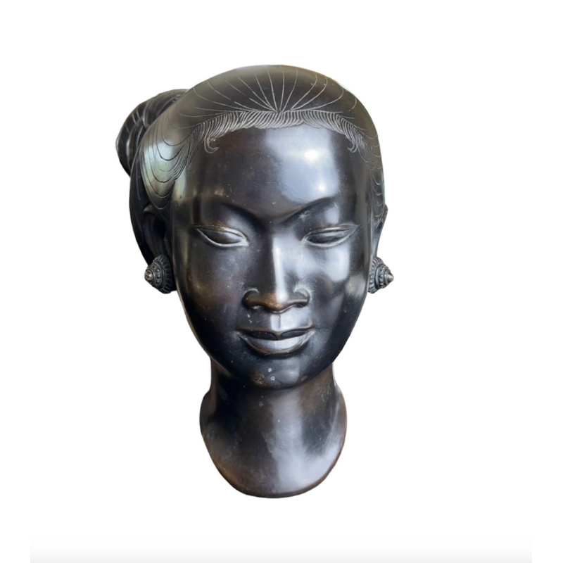 Vintage head of Vietnamese young woman bronze sculpture by Nguyen Thanh Le, 1950s