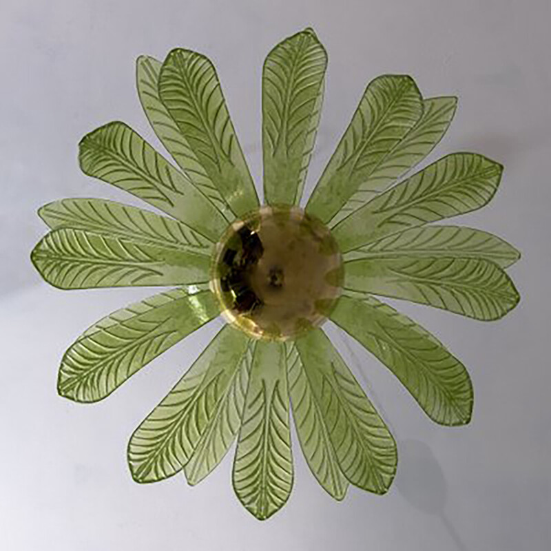 Pair of vintage palm leaves chandelier in Murano glass and brass, 1970