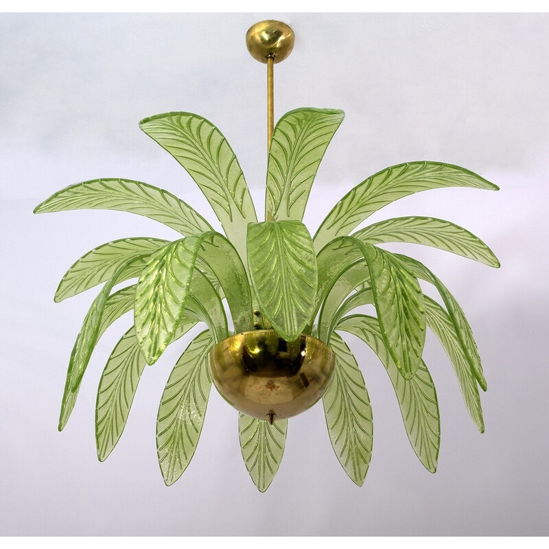 Pair of vintage palm leaves chandelier in Murano glass and brass, 1970