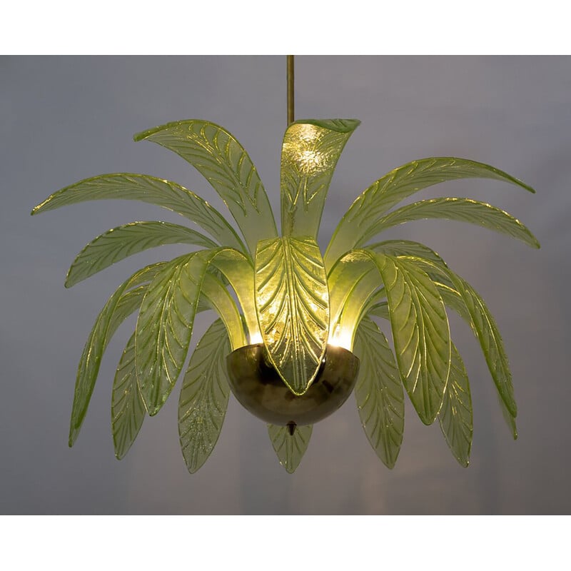 Pair of vintage palm leaves chandelier in Murano glass and brass, 1970