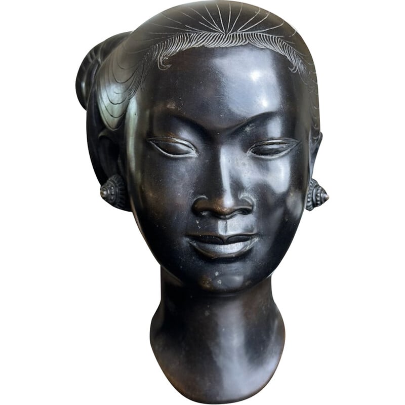 Vintage head of Vietnamese young woman bronze sculpture by Nguyen Thanh Le, 1950s