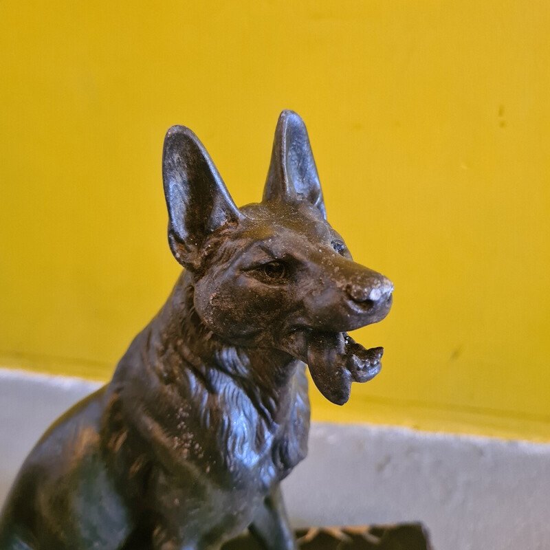 Vintage marble and bronze patinated statue of a german shepherd by L. Carvin, France 1920