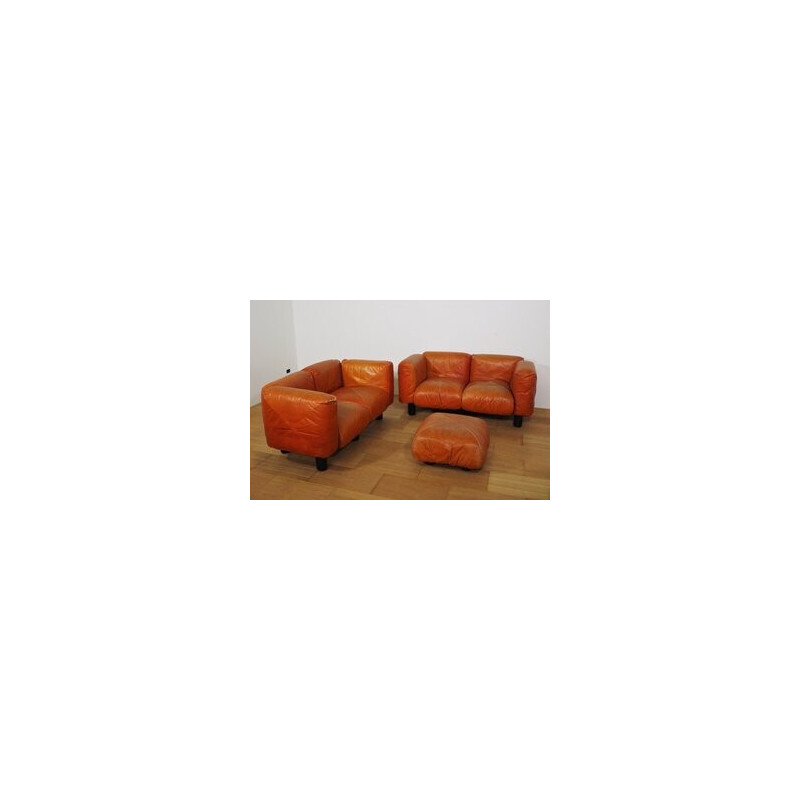 Vintage Marius e Marius living room set in orange leather by Mario Marenco for Arflex, 1970s