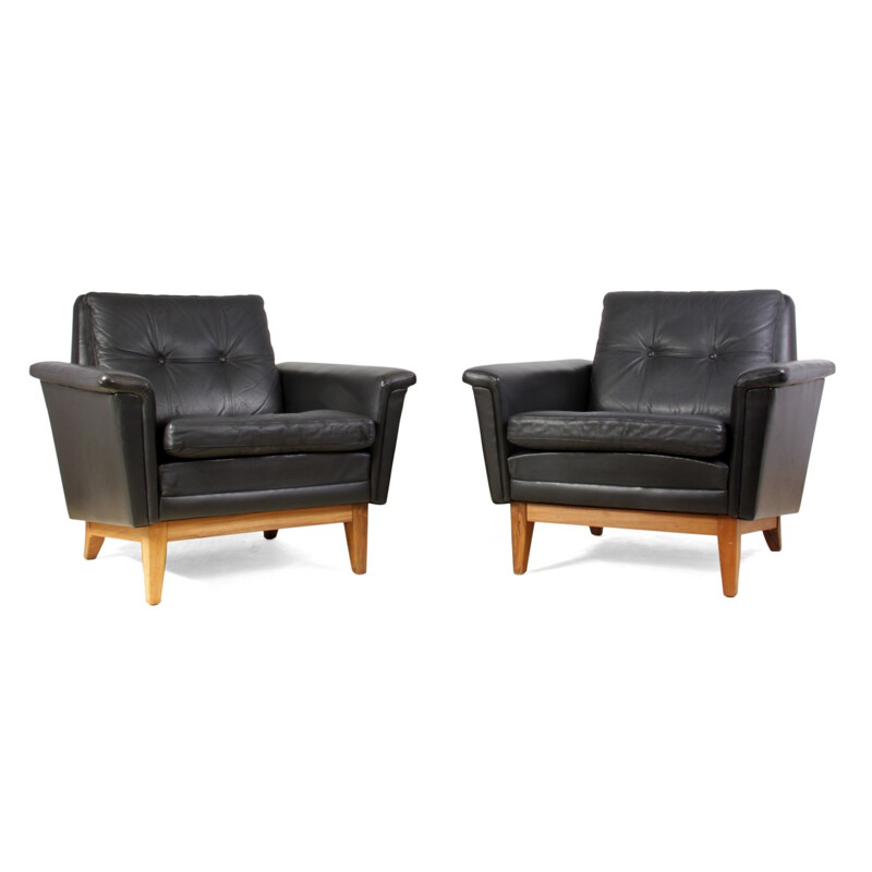 Pair of Mid Century Danish Leather and Rosewood armchairs - 1960s