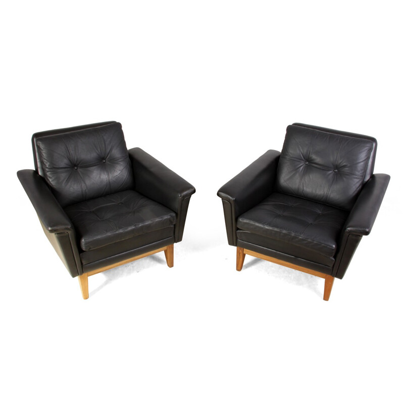 Pair of Mid Century Danish Leather and Rosewood armchairs - 1960s