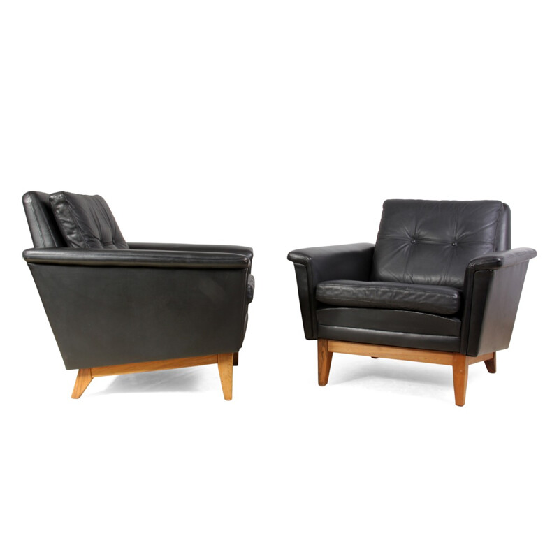 Paire de fauteuils vintage danois en cuir et en palissandre - 1960