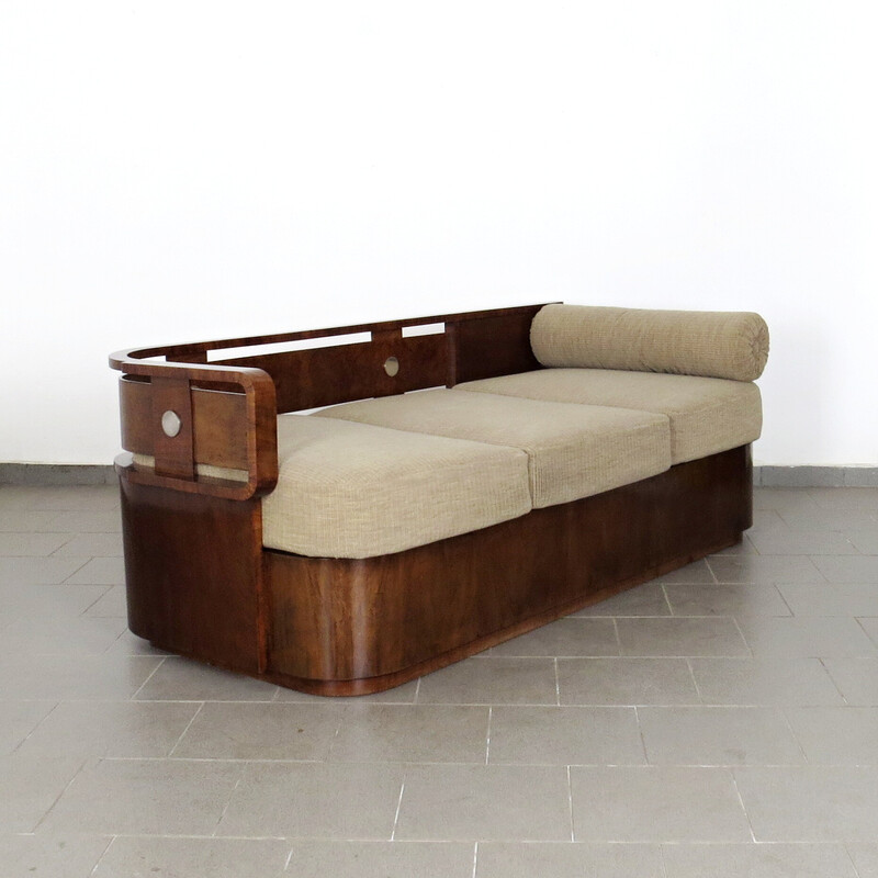 Vintage cherry wood and walnut veneer sofa