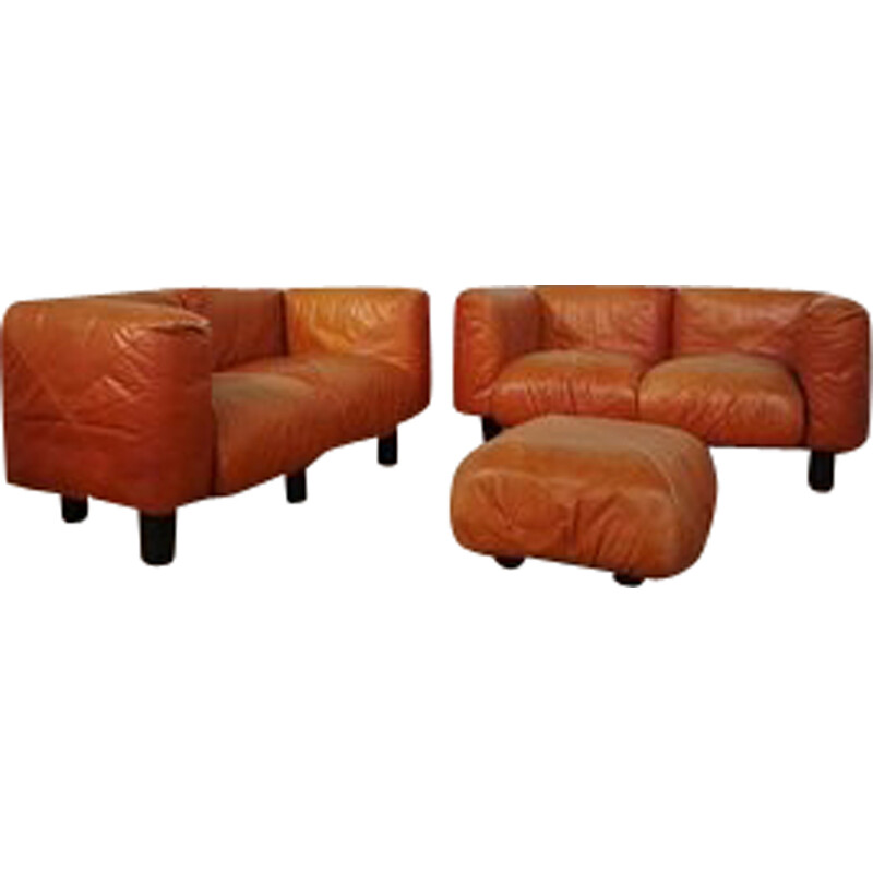 Vintage Marius and Marius living room set in orange leather by Mario Marenco for Arflex, 1970s