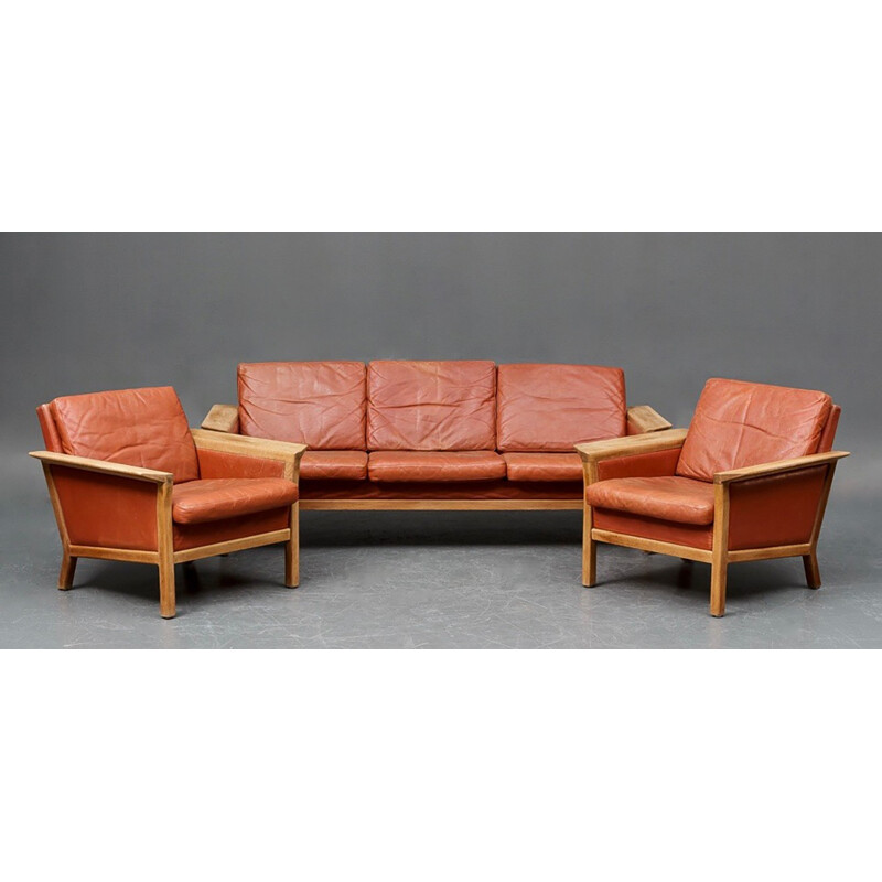 Danish living room set in brown leather - 1970s