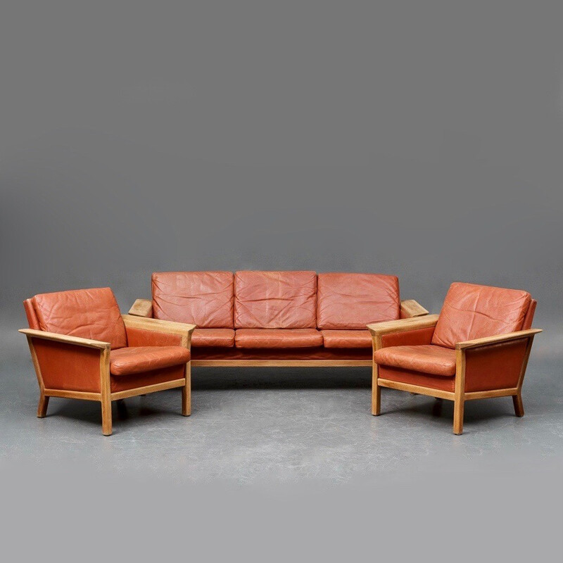 Danish living room set in brown leather - 1970s