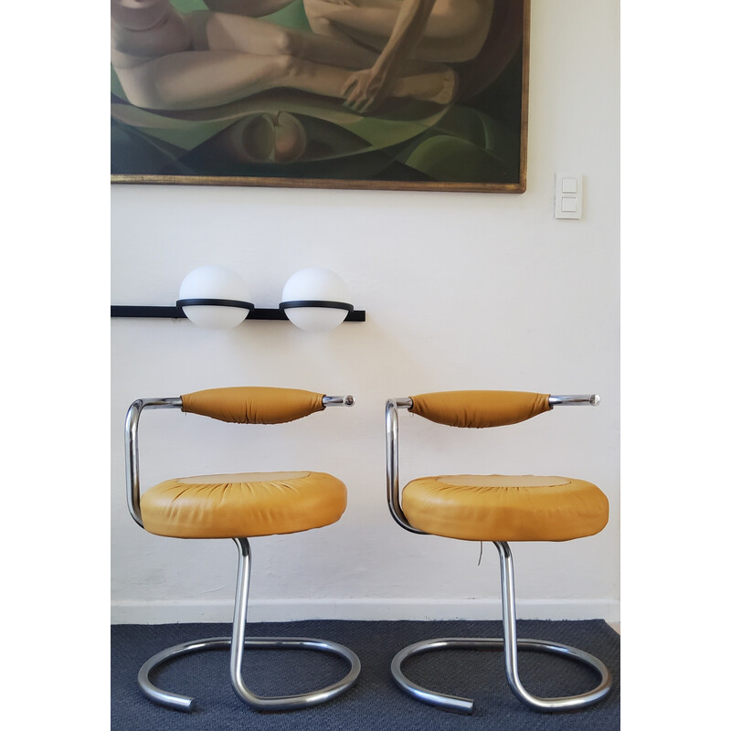 Set of 5 vintage leather and metal chairs "Cobra" by Giotto Stoppino for Stoppino, Italy 1970