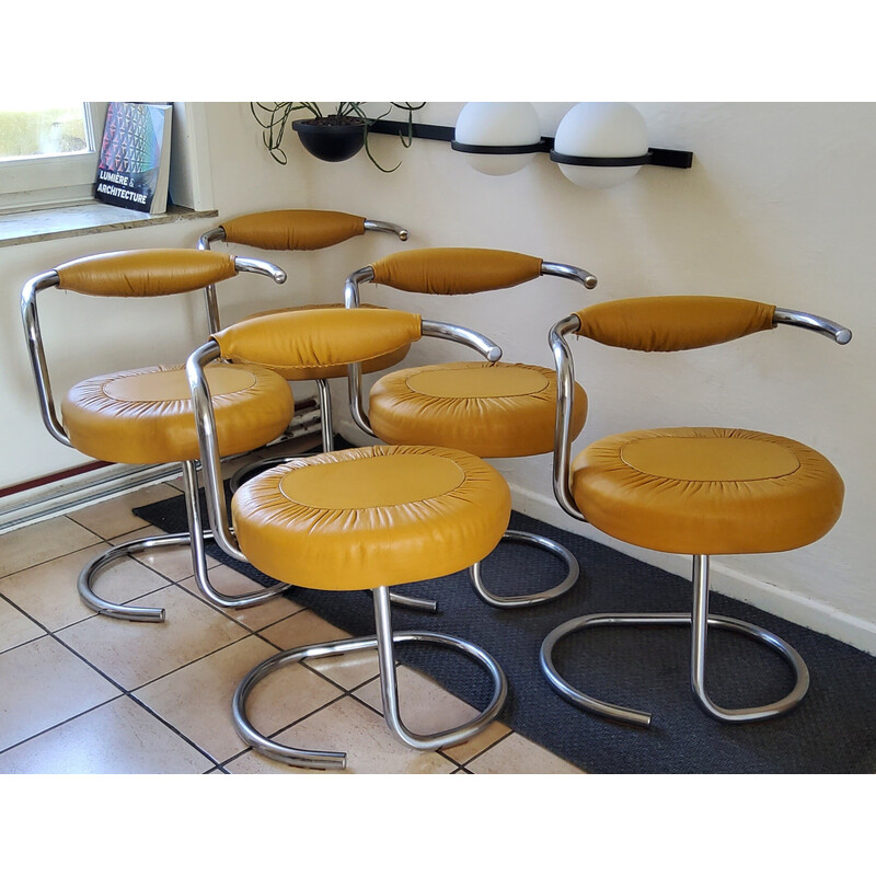 Set of 5 vintage leather and metal chairs "Cobra" by Giotto Stoppino for Stoppino, Italy 1970