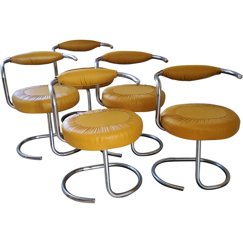 Set of 5 vintage leather and metal chairs "Cobra" by Giotto Stoppino for Stoppino, Italy 1970