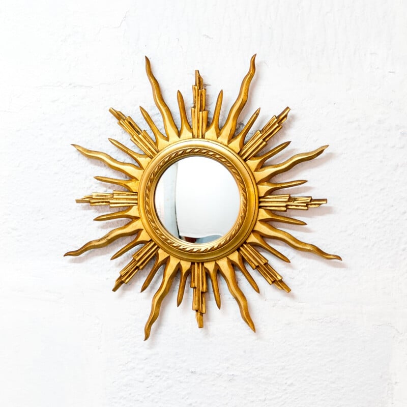 Curved sun mirror with golden frame - 1960s