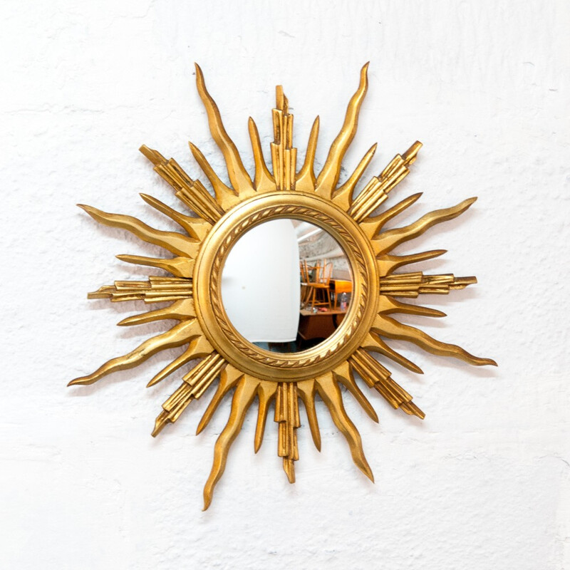 Curved sun mirror with golden frame - 1960s