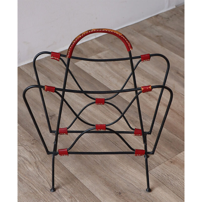 Vintage magazine rack in stitched leather and black metal, 1950