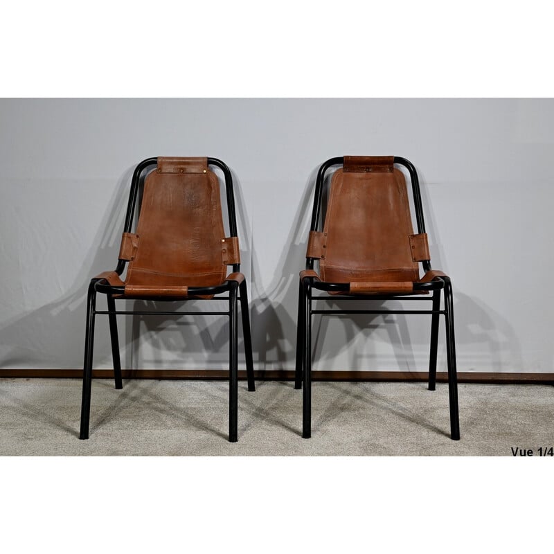 Pair of vintage chairs in metal and leather, selected by C. Perriand for Les Arcs, 1960