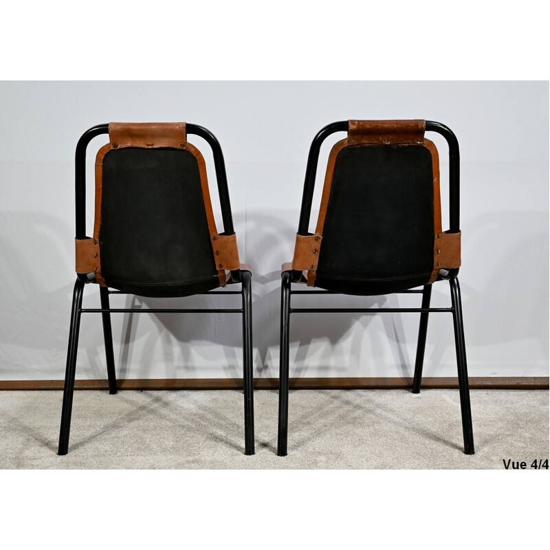 Pair of vintage chairs in metal and leather, selected by C. Perriand for Les Arcs, 1960