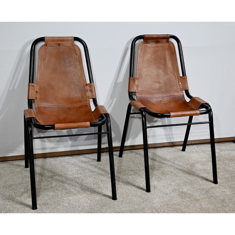 Pair of vintage chairs in metal and leather, selected by C. Perriand for Les Arcs, 1960