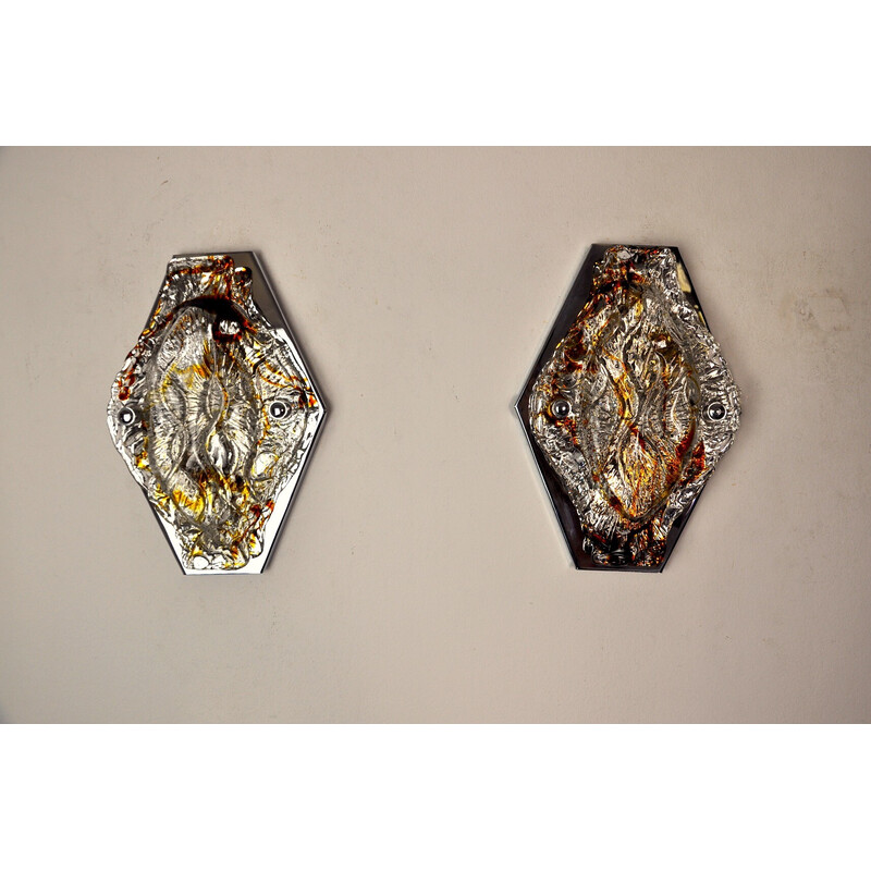 Pair of vintage Murano glass wall lamps by Murano Mazzega, Italy 1970