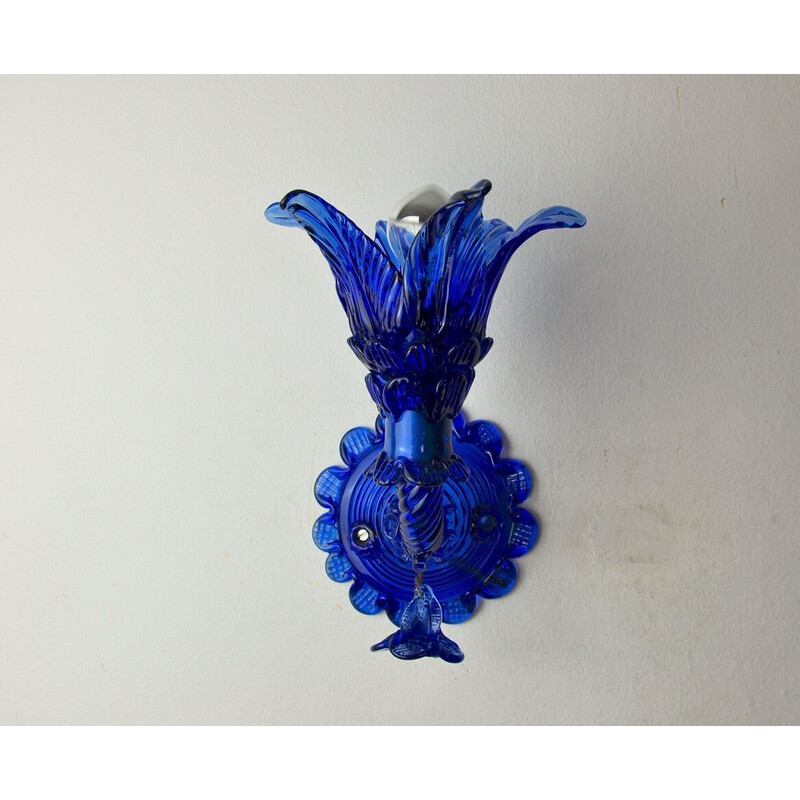 Applique florale vintage "palmier" en verre de Murano bleu, Italie 1950