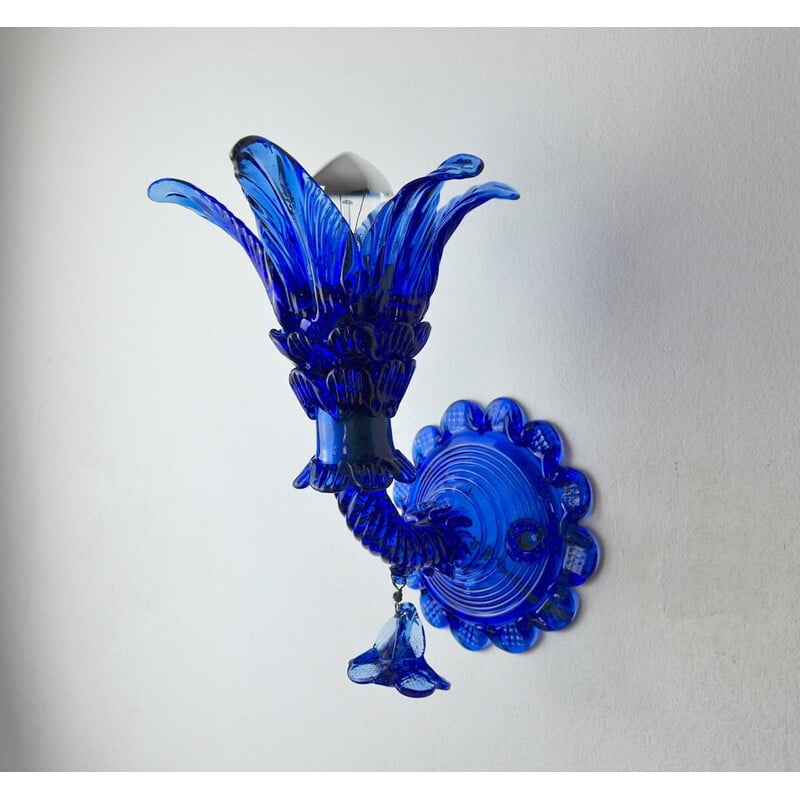 Applique florale vintage "palmier" en verre de Murano bleu, Italie 1950