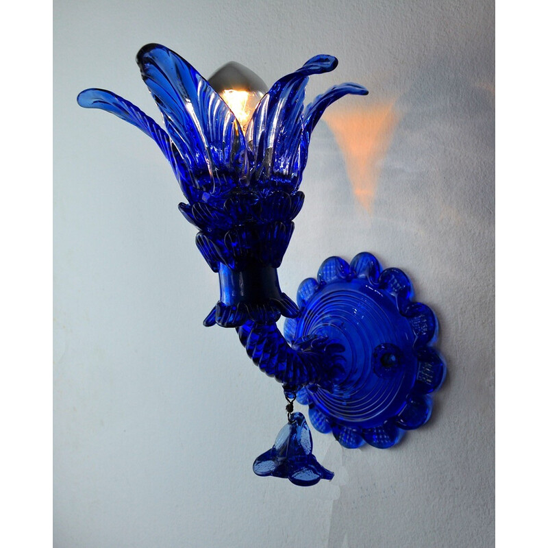 Blue Murano glass "palm tree" vintage floral wall lamp, Italy 1950