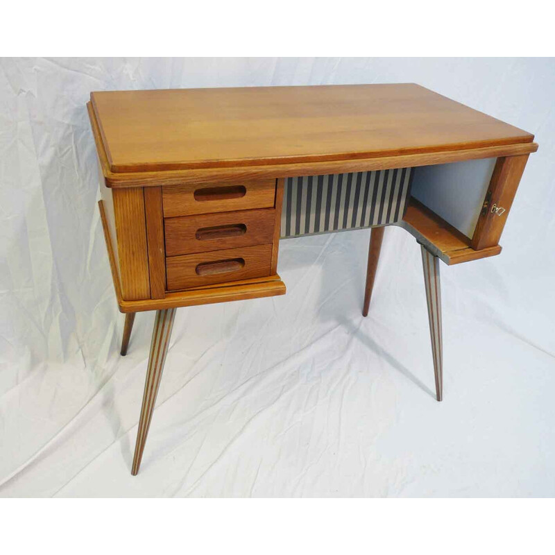 Vintage-Schreibtisch aus massiver Eiche auf 4 Zirkelbeinen