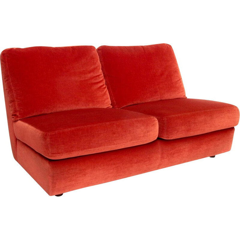 Set of a  red sofa and a red low chair in velvet produced by Burov - 1960s