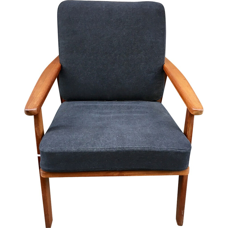 Danish treak armchair reupholstered cushions in grey-black cotton - 1960s